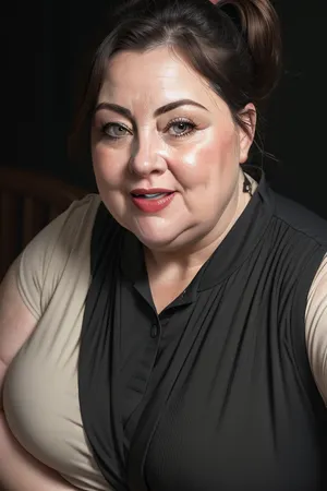 (Close-up:1.2), portrait photo a mature chubby woman, fat bosom, fat round face, double chin, 60 years old Woman, green eyes, brown pixie haircut, ponytail, chubby jawline, pokies, seductive smile, lips parted, mouth open, teeth showing, big lips, looking at viewer, (solid dark background:1.3), eye level shoot, film grain, style by Flora Borsi, OverallDetail, downblouse, loose, t-shirt, leaning, forward, <lora:Lora_Srabonti2023-X4:.3>, <lora:downblouse-v1:.7>, <lora:weight_slider_v2:1.5>