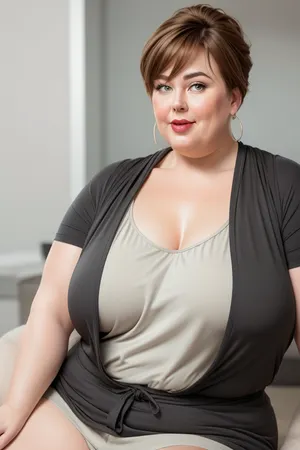 (Close-up:1.2), portrait photo a mature chubby woman, fat bosom, fat round face, double chin, 60 years old Woman, green eyes, brown pixie haircut, ponytail, chubby jawline, pokies, seductive smile, lips parted, (mouth open), teeth showing, big lips, looking at viewer, (solid blank background:1.3), eye level shoot, film grain, style by Flora Borsi, OverallDetail, downblouse, loose, camisole, leaning, forward, <lora:downblouse-v1:.7>, <lora:weight_slider_v2:1.5>
