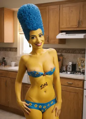 Text painted on woman's belly, really big letters "Doh!" text written with a black marker