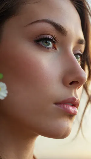 Hiper-realistic close-up of a thoughtful face gazing gently downward or to the sky, filled with reflective faith. Peaceful surroundings, soft ambient lighting. Symbolic details like open hands, a small flower, or glowing horizon. Face radiates surrender and divine alignment.
