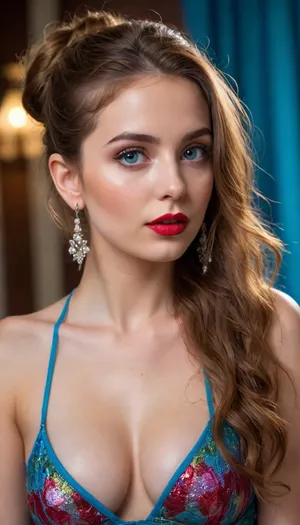 a porcelain-skinned woman with delicate freckles and full lips highlighted with red lipstick, wet hair, mermaid clothes, beautiful blowse, beautiful indian blowse, disheveled hair, . long neck line, perfect figure, big features, beautiful neck blowse, glossy lips, blue eyes, bold adult figure, colorful beautiful cute looks, bright face, Her hair is pinned up high, disheveled hair that add drama to the composition. has deep contrasts, fabric, beautiful chest, mermaid style . Elegant earrings dangle delicately, adding finesse to the overall look., captured in ultra-high definition, with perfect details.", complete figure, floral background, side light come, side different style posing, bend she is, camera from upside, a beautiful colorful light, and light cover her body, her body shines, beautiful hair bun
