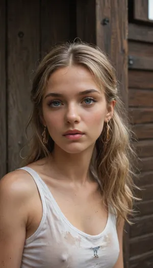 dirty homeless woman beautiful blonde 18 years old with ponytails woman, lewddungeon, background walls, breastclamp, <lora:breastclamp_SDXL_reg0_03s:.5>