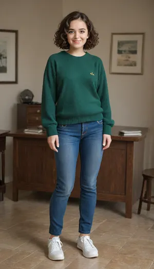 shy 28 year old woman, full body shot, (smiling), (highly detailed facial expression), (room with cheap desk), ((well-built figure)), (slightly chubby long legs:.8), (normal upper body), (short brown wavy hair), (curly bobcut), (short dark brown hair), ((standing insecurely)), small breasts, flat chest, (dark green cashmere pullover:1.1), (dark green jumper), (emerald pullover), (wearing long blue jeans:1.2), (wearing white sneakers), (well-built upper body)