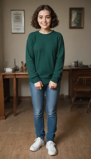 shy 28 year old woman, full body shot, (smiling), (highly detailed facial expression), (room with cheap desk), ((well-built figure)), (slightly chubby long legs:.8), (normal upper body), (short brown wavy hair), (curly bobcut), (short dark brown hair), ((standing insecurely)), small breasts, flat chest, (dark green cashmere pullover:1.1), (dark green jumper), (emerald pullover), (wearing long blue jeans:1.2), (wearing white sneakers), (well-built upper body)