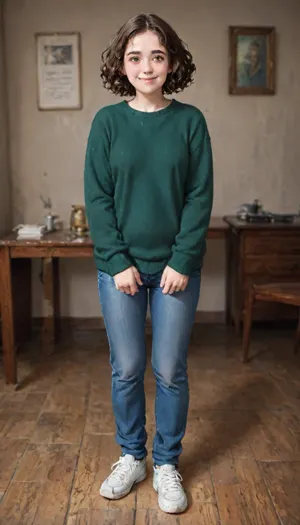 shy 28 year old woman, full body shot, (smiling), (highly detailed facial expression), (room with cheap desk), ((well-built figure)), (slightly chubby long legs:.8), (normal upper body), (short brown wavy hair), (curly bobcut), (short dark brown hair), ((standing insecurely)), small breasts, flat chest, (dark green cashmere pullover:1.1), (dark green jumper), (emerald pullover), (wearing long blue jeans:1.2), (wearing white sneakers), (well-built upper body)