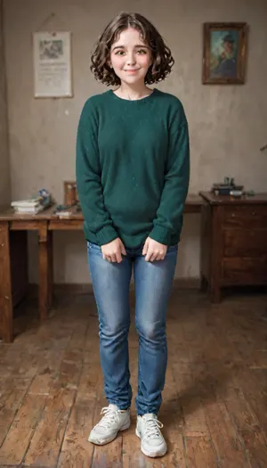 shy 28 year old woman, full body shot, (smiling), (highly detailed facial expression), (room with cheap desk), ((well-built figure)), (slightly chubby long legs:.8), (normal upper body), (short brown wavy hair), (curly bobcut), (short dark brown hair), ((standing insecurely)), small breasts, flat chest, (dark green cashmere pullover:1.1), (dark green jumper), (emerald pullover), (wearing long blue jeans:1.2), (wearing white sneakers), (well-built upper body)