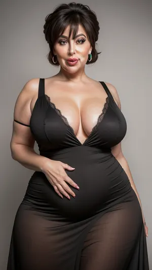 Armenian, Obese, gilf, (Close-up:1), portrait photo a mature chubby gilf, fat bosom, fat round face, double chin, 70 years old Woman, big eyes, green eyes, layered haircut, chubby jawline, pokies, seductive smile, lips parted, (mouth open:1.3), teeth showing, big lips, looking at viewer, (solid blank dark background:1.3), eye level shoot, film grain, style by Flora Borsi, OverallDetail, spaghetti strap maxi dress, fupa, cameltoe, (areola slip), wide, hips, <lora:hips-10:.5>