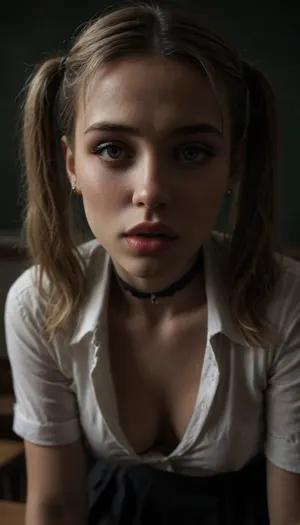 sitting at the classroom, (((18 years old))), (slutty schoolgirl outfit), athletic body, hip gap, (blonde pigtails), ((pussy cameltoe:.6)), 1girl, medium natural breast, blouse, (high detailed face:1.5), (accentuated cheekbones), thick lips, blue eyes, ((face close up)), horny face, mouth opened, (smokey eyes shadows makeup), black choker, (black background, chiaroscuro lighting:.5), <lora:sunnyrayyxo_v1_SDXLBase:.4>, <lora:dark:.4>, red lips, tongue pulled out