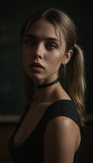 sitting at the classroom, (((18 years old))), (slutty schoolgirl outfit), athletic body, hip gap, (blonde pigtails), 1girl, medium natural breast, crop top, (high detailed face:1.5), (accentuated cheekbones), thick lips, blue eyes, ((face close up)), horny face, mouth opened, (smokey eyes shadows makeup), black choker, (black background, chiaroscuro lighting:.5), <lora:sunnyrayyxo_v1_SDXLBase:.4>, <lora:dark:.4>, red lips, tongue pulled out, side view