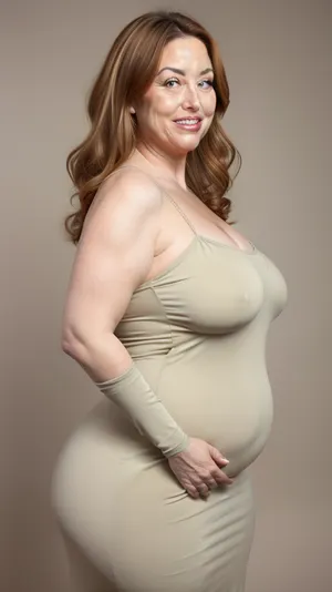 3/4 side view, chestnut hair, obese, gilf, (Close-up:1), portrait photo a mature chubby gilf, fat bosom, fat round face, double chin, 70 years old Woman, big eyes, green eyes, layered haircut, chubby jawline, pokies, seductive smile, lips parted, (mouth open:1.3), teeth showing, big lips, looking at viewer, (solid blank background:1.3), eye level shoot, film grain, style by Flora Borsi, OverallDetail, spaghetti strap maxi dress, fupa, cameltoe, (areola slip), wide, hips, tt_saggy, tt_flat, plump, fat, huge butt, sideboob, <lora:hips-10:.8>, <lora:tt_saggy:.3>, <lora:plump_control_v1.0:1.1>