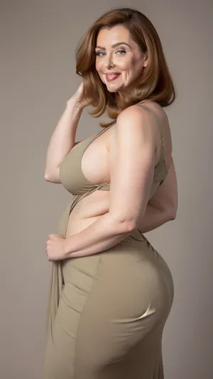 1/4 side view, chestnut hair, obese, gilf, (Close-up:1), portrait photo a mature chubby gilf, fat bosom, fat round face, double chin, 70 years old Woman, big eyes, green eyes, layered haircut, chubby jawline, pokies, seductive smile, lips parted, (mouth open:1.3), teeth showing, big lips, looking at viewer, (solid blank background:1.3), eye level shoot, film grain, style by Flora Borsi, OverallDetail, spaghetti strap maxi dress, fupa, cameltoe, (areola slip), wide, hips, tt_saggy, tt_flat, plump, fat, huge butt, <lora:hips-10:.8>, <lora:tt_saggy:.3>, <lora:plump_control_v1.0:1.1>
