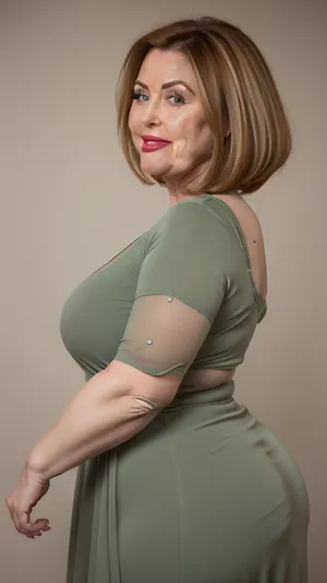 1/8 side view, chestnut hair, obese, gilf, (Close-up:1), portrait photo a mature chubby gilf, fat bosom, fat round face, double chin, 70 years old Woman, big eyes, green eyes, layered haircut, chubby jawline, pokies, seductive smile, lips parted, (mouth open:1.3), teeth showing, big lips, looking at viewer, (solid blank background:1.3), eye level shoot, film grain, style by Flora Borsi, OverallDetail, spaghetti strap maxi dress, fupa, cameltoe, (areola slip), wide, hips, tt_saggy, tt_flat, plump, fat, huge butt, <lora:hips-10:.6>, <lora:tt_saggy:.3>, <lora:plump_control_v1.0:1.1>