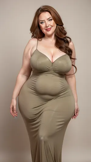 chestnut hair, obese, gilf, (Close-up:1), portrait photo a mature chubby gilf, fat bosom, fat round face, double chin, 70 years old Woman, big eyes, green eyes, layered haircut, chubby jawline, pokies, seductive smile, lips parted, (mouth open:1.3), teeth showing, big lips, looking at viewer, (solid blank background:1.3), eye level shoot, film grain, style by Flora Borsi, OverallDetail, spaghetti strap maxi dress, fupa, cameltoe, (areola slip), wide, hips, tt_saggy, tt_flat, plump, fat, huge butt, <lora:hips-10:.6>, <lora:tt_saggy:.3>, <lora:plump_control_v1.0:1.1>