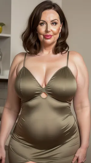 Brunette and gray hair, obese, gilf, (Close-up:1), portrait photo a mature chubby gilf, fat bosom, fat round face, double chin, 70 years old Woman, big eyes, green eyes, layered haircut, chubby jawline, pokies, seductive smile, lips parted, (mouth open:1.3), teeth showing, big lips, looking at viewer, (solid blank background:1.3), eye level shoot, film grain, style by Flora Borsi, OverallDetail, satin sleeveless spaghetti strap minidress, fupa, cameltoe, (areola slip), wide, hips, tt_saggy, tt_flat, plump, fat, saggy, sagging, droopy, <lora:hips-10:.6>, <lora:tt_saggy:.3>, <lora:plump_control_v1.0:1.6>, bar background
