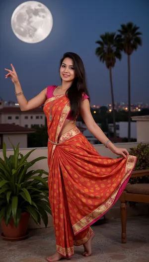 (Masterpiece, 8k, ultra realistic, high quality photography, hdr, High resolution, perfect image composition), A stunningly beautiful Bengali woman adorned in a vibrant, flowing sari that shimmers with intricate gold embroidery, her dark hair cascading down her back. She stands barefoot on the ornate tiles of her balcony, which overlooks the dazzling lights of Hollywood. With a grace that defies the bustling city below, she performs an elegant classical dance, her movements a mesmerizing blend of strength and poise. The balcony is adorned with lush green plants and traditional Bengali decor, creating an ethereal contrast to the urban backdrop. The night sky is a canvas of deep blues and purples, with the giant moon casting a soft, silvery glow that bathes her in a heavenly spotlight. The full moon, appearing larger than life, is nestled between the iconic palm trees, lending a magical touch to the scene. Her expressive eyes are closed in deep concentration, yet her smile radiates pure joy. The delicate sound of ankle bells and distant Bollywood tunes serenade the air, harmonizing with the distant hum of the city. Her dance is a celebration of her culture and her spirit, a vivid testament to the beauty of diversity and unity in this cinematic metropolis. The serenity of the moment is palpable, as the woman's passion for her art transcends the confines of her balcony, touching the hearts of the unseen spectators in the bustling streets of Hollywood
