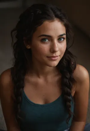 FULL BODY SHOT, FACING FORWARD, FACING THE CAMERA, Lilly, age 21, has thick, wavy black hair that cascades down to mid-back, often styled in loose braids or a messy bun, and vivid green eyes, reminiscent of fresh spring leaves, framed by long dark lashes, which sparkle with curiosity and warmth when she smiles, though they can also hold a hint of wariness, her skin is fair with a smattering of freckles across her nose and cheeks, giving her a youthful and approachable appearance, with a slender yet toned figure from practicing yoga, standing at 5'6", and she prefers practical, comfortable clothing like jeans, t-shirts, and sneakers, favoring earthy tones and minimal accessories, opting for simplicity in her everyday look.