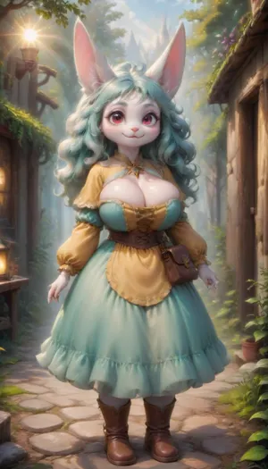 Charming cute girl, long ears, furry, long furry tail, big naive eyes, long thick eyelashes, expressive look, happy smile, soft peach fluffy fur, long wavy hair, shabby old clothes, embroidery, worn boots, porch of a fairy-tale house, fairy-tale forest world, a large old leather bag hangs on the shoulder, sun glare, cleavage, huge breast