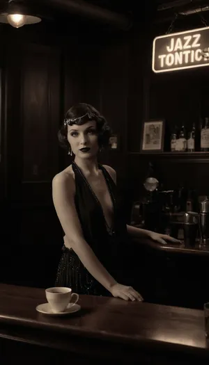 vintage, (monocrome:1.8), woman, 1920s flapper girl, 1920s hair, 1920s make up, leaning on a bar at a jazz club facing the viewer, ((with coffee cup)), seductive, (detailed clothing), (detailed background), (1920s decor:1.4), ((topless)), (retro 1920s style:1.3), long nipples, large natural breasts, freckles, earrings, very hairy bush, (perfect hands:1.2), insanely detailed background, Rank_9, fluxenh4nce, puffy, nipples, dark, ghost, wide, <lora:FLUXEnh4nce:.5>, <lora:Nipples XL:.7>, jazz, b4r, <lora:jazz_b4r:.8>