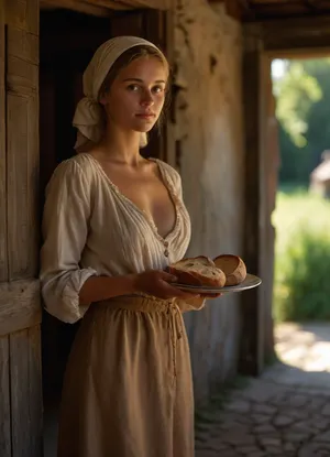 UHD 8K, cinematic masterpiece, score 9, score 8 up, score 7 up, score_9, score_8_up, score_7_up, ((soft focus)), 18th century, blurred background, 8k uhd, ((3/4-body view)), 3/4-body view of deeply tanned naked blonde young woman, very beautiful face, firm medium breasts, narrow waist, tanned slim body, tanned beautiful young woman naked wearing only open woolen peasant shirt and a headscarf and flat sandals, very deep seamless suntan, girl stands outside in open door of old run-down watermill holding a plate with bread in her hands, ((naked and beautiful with an open woolen peasant shirt and headscarf and flat sandals and shaved pussy holding a plate with bread in her hands serving:1.2)), 18th century old run-down watermill, warm sun rays from the side, sunny summer day, fairy tale, <lora:MJ52:.8>, <lora:Picture_enhancer:.8>