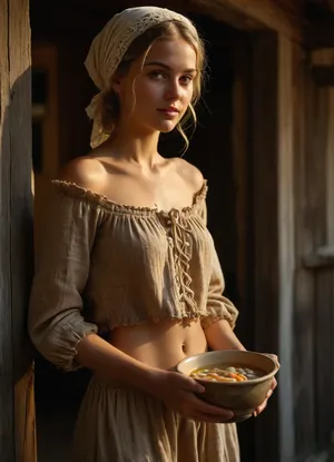 UHD 8K, cinematic masterpiece, score 9, score 8 up, score 7 up, score_9, score_8_up, score_7_up, ((soft focus)), 18th century, blurred background, 8k uhd, ((3/4-body view)), 3/4-body view of deeply tanned naked blonde braided young woman, very beautiful face with ash on it, firm small breasts, narrow waist, tanned slim body, tanned beautiful young woman naked wearing only open laced woolen peasant shirt and a headscarf and flat sandals, very deep seamless suntan, woman stands in front of an old half-ruined 18th century wooden cottage, view of the cottage from outside, woman with ash on the face holding a bowl with soup in her hands, ((beautiful face and naked body wearing an open laced woolen peasant shirt and headscarf and flat sandals and narrowly trimmed pubic hair holding a bowl with soup in her hands serving:1.2)), 18th century old run-down wooden cottage, (ugly old witch in blurred background), warm sun rays from the side, sunny summer day, fairy tale, <lora:MJ52:.7>, <lora:Picture_enhancer:.7>