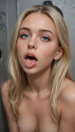 20 years old skinny whiteblonde girl, long hair, very sexy, very cute, in a sexclub gloryhole, face closeup, naked, very small round boobs, ahegao, looking at viewer, sperm overflowing from mouth