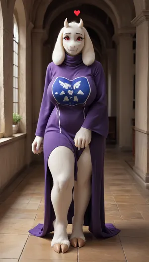 masterpiece, best quality, high resolution, hires, score_9, score_8_up, score_7_up, score_6_up, (((Toriel from Undertale:1.4))), (((anthro, furry, white fur, body fur, white skin))), (((1girl))), tall anthropomorphic goat-woman, ((hooves instead of feet)), long floppy ears, small curved horns, soft smiling face, ((red cheeks:1.1)), (((hearts flying around woman's head:1.5))), gentle red eyes, wearing a long flowing purple robe with the words "Your Mommy" written in white, wide long sleeves, motherly and shy expression, (((massive milky soft breasts:1.2))), (((saggy boobs:1.2))), (((wide curvy hips:1.2))), soft full figure, (((thick thighs:1.2))), hourglass shape, matronly and nurturing body, long gentle arms, standing pose, warm and inviting aura, warm colors, fantasy style, full body, cozy room on background, high detail, cel-shaded, soft lighting, game character design, anime-inspired proportions, smooth clean linework, detailed fur, fursuit, <lora:FursuitXL:1.3>, <lora:SDXLHighDetail_v6-000005:1.5>