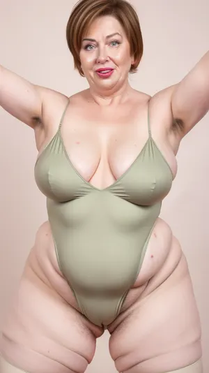 Obese, gilf, (Close-up:1), portrait photo a mature chubby gilf, fat round face, double chin, 70 years old Woman, big eyes, green eyes, chestnut layered haircut, chubby jawline, pokies, seductive smile, lips parted, (mouth open:1.3), teeth showing, big lips, looking at viewer, (solid blank background:1.3), eye level shoot, film grain, style by Flora Borsi, OverallDetail, satin sleeveless spaghetti strap minidress, fupa, (cameltoe), (areola slip), wide, hips, tt_saggy, tt_flat, plump, fat, saggy, sagging, droopy, leotard, sleeveless, haigure, pose, open, hands, standing, spread, legs, xtrhairy, hairy, eye contact, <lora:hips-10:.5>, <lora:tt_saggy:.4>, cellulite, <lora:plump_control_v1.0:1.1>, <lora:haigure_pose_v2:.5>, <lora:xtrhairy:.8>