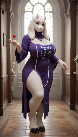 masterpiece, best quality, high resolution, hires, score_9, score_8_up, score_7_up, score_6_up, (((Toriel from Undertale:1))), (((anthro, furry, white fur, body fur, white skin))), (((1girl))), tall anthropomorphic goat-woman, ((hooves instead of feet)), long floppy ears, small curved horns, soft smiling face, ((red cheeks:1.1)), (((hearts flying around woman's head:1.5))), gentle red eyes, wearing a long flowing purple robe with the words "Your Mommy" written in white, wide long sleeves, motherly and shy expression, (((massive milky soft breasts:1.2))), (((saggy boobs:1.2))), (((wide curvy hips:1.2))), soft full figure, (((thick thighs:1.2))), hourglass shape, matronly and nurturing body, long gentle arms, standing pose, warm and inviting aura, warm colors, fantasy style, full body, cozy room on background, high detail, cel-shaded, soft lighting, game character design, anime-inspired proportions, smooth clean linework, detailed fur, fursuit, <lora:FursuitXL:1.3>, <lora:SDXLHighDetail_v6-000005:1.5>