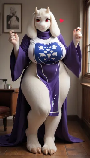 masterpiece, best quality, high resolution, hires, score_9, score_8_up, score_7_up, score_6_up, (((Toriel from Undertale:1.4))), (((anthro, furry, white fur, body fur, white skin))), (((1girl))), tall anthropomorphic goat-woman, ((hooves instead of feet)), long floppy ears, small curved horns, soft smiling face, ((red cheeks:1.1)), (((hearts flying around woman's head:1.5))), gentle red eyes, wearing a long flowing purple robe with the words "Your Mommy" written in white, wide long sleeves, motherly and shy expression, (((massive milky soft breasts:1.2))), (((saggy boobs:1.2))), (((wide curvy hips:1.2))), soft full figure, (((thick thighs:1.2))), hourglass shape, matronly and nurturing body, long gentle arms, standing pose, warm and inviting aura, warm colors, fantasy style, full body, cozy room on background, high detail, cel-shaded, soft lighting, game character design, anime-inspired proportions, smooth clean linework, detailed fur, fursuit, <lora:FursuitXL:1.3>, <lora:SDXLHighDetail_v6-000005:1.5>