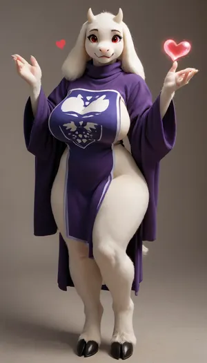 masterpiece, best quality, high resolution, hires, score_9, score_8_up, score_7_up, score_6_up, (((Toriel from Undertale:1))), (((anthro, furry, white fur, body fur, white skin))), (((1girl))), tall anthropomorphic goat-woman, ((hooves instead of feet)), long floppy ears, small curved horns, soft smiling face, ((red cheeks:1.1)), (((hearts flying around woman's head:1.5))), gentle red eyes, wearing a long flowing purple robe with the words "Your Mommy" written in white, wide long sleeves, motherly and shy expression, (((massive milky soft breasts:1.2))), (((saggy boobs:1.2))), (((wide curvy hips:1.2))), soft full figure, (((thick thighs:1.2))), hourglass shape, matronly and nurturing body, long gentle arms, standing pose, warm and inviting aura, warm colors, fantasy style, full body, cozy room on background, high detail, cel-shaded, soft lighting, game character design, anime-inspired proportions, smooth clean linework, detailed fur, fursuit, <lora:FursuitXL:1.3>, <lora:SDXLHighDetail_v6-000005:1.5>