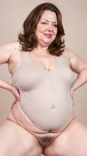 Obese, brunette, gilf, (Close-up:1), portrait photo a mature chubby gilf, fat round face, double chin, 70 years old Woman, big eyes, green eyes, layered haircut, chubby jawline, pokies, seductive smile, lips parted, (mouth open:1.3), teeth showing, big lips, looking at viewer, (solid blank background:1.3), eye level shoot, film grain, style by Flora Borsi, OverallDetail, satin sleeveless spaghetti strap minidress, fupa, (cameltoe), (areola slip), wide, hips, tt_saggy, tt_flat, plump, fat, saggy, sagging, droopy, sleeveless, haigure, pose, open, hands, standing, spread, legs, xtrhairy, hairy, eye contact, cellulite, <lora:hips-10:.5>, <lora:tt_saggy:.3>, <lora:plump_control_v1.0:.5>, <lora:haigure_pose_v2:.5>, <lora:xtrhairy:.8>