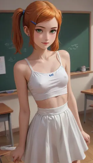 score_9, score_8_up, score_7_up, score_6_up, Skinny figure, wide angle, ginger hair, Hair in pigtails, accurate anatomy, smile, 1girl, masterpiece, white top, edgpskirt, white lush skirt, beautiful, Dynamic pose, seductive, cute, (small breasts, erect nipples), ((/Ben10)), (ultra, HD, quality, details), (green, eyes), (cartoon:1.5), (Background classroom, school), (black huge teacher watches a girl:1.2), jyzjk, <lora:Animated_Concept:.4>, <lora:NEOTOKIOXL_0.2_RC:.8>, <lora:outline_xl_kohaku_delta_spv5x:.8>