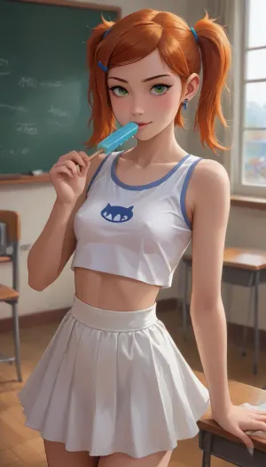 score_9, score_8_up, score_7_up, score_6_up, 18 years old, sucking a big multi colored popsicles, blowjob, (sexually suggestive), Skinny figure, wide angle, ginger hair, Hair in pigtails, accurate anatomy, smile, 1girl, masterpiece, white short top, white skirt jyzjk, edgpskirt, beautiful, Dynamic pose, seductive, cute, (small breasts, erect nipples), ((/Ben10)), (ultra, HD, quality, details), (green, eyes), (cartoon:1.5), (Background classroom, school, black man watches girl), <lora:Animated_Concept:.4>, <lora:NEOTOKIOXL_0.2_RC:.8>, <lora:outline_xl_kohaku_delta_spv5x:.8>