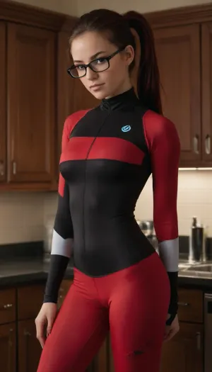 21 years, women, sweet face, tiny women, small women, petite, nerdy face, oval face, face Like katara avatar Last airbender and Hanna Barron face, glasses in black, round face, beatiful, young, perfekt face, DARK Red hair, Long ponytail, perfekt Body shape, big boobs, poses in an kitchen hands on hips, 3/4 View, wears an ATTRACO Damen Einteiler Boyleg Badeanzug Athletic Racerback Badeanzug, swimsuit zaosu, boyleg spandex, swimsuit shorts, cameltoe, spandex hot pants, boyleg panty, racing suit, N7 Mass effect colored catsuit, Leggings pantys shorts