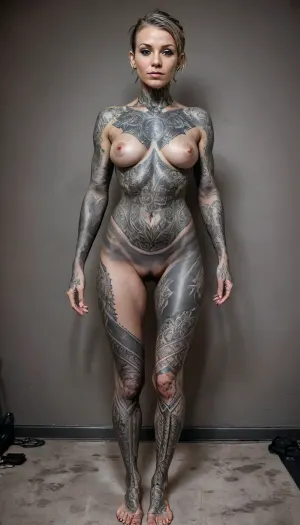 RAW full body analogue photo of a beautiful naked blackout-tattooed german, (ohwx woman), 55 years old, clear focus, 8K, very slim and tall, long slim neck, (dynamic angle:.7), cinematic, (film grain, depth of field, blurry background, colorful:1), volumetric lighting, with, (no tattoos at the torso sternum chest belly neck and vagina:1), (Large-scale all-black tattoos in blackout style Сharly Saconi or Brandon Crone on arms feet and lower legs:1.2), the most exotic lascivious ultraslim naked 46 years old, with a face of Unconventional beauty, with mixed north-european-russian race, high forehead, slim tall elegant mohawk androgynous, pointy big perky tits, (artifical tan glowing skin), Barefoot, with waist-chain, stacked anklets, tattoo blackout style Сharly Saconi, tattoo blackout style Brandon Crone, Seed, 985444Size, 896x1152euler_aSuper, 4ng3l, face, uberfit, muscular, athletic, vascular, StokeRealV1, <lora:vascular:.1>, <lora:epiCRealismHelper:.6>, <lora:SDXLrender_v2.0:.6>, <lora:StokeRealV1:.7>, <lora:breasts_slider_v10:2>, <lora:SDXL_BetterFaces-LoRA_v1:1>, <lora:uberfit_lora_sdxl:.1>, DARBODMODTAT, <lora:DarBodModTat_V1.0.Lora:.5>, <lora:DarTataBodGPlus:.9>