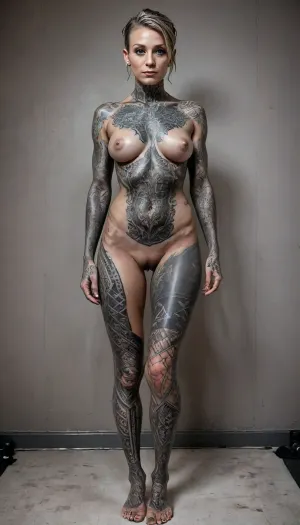 RAW full body analogue photo of a beautiful naked blackout-tattooed german, (ohwx woman), 55 years old, clear focus, 8K, very slim and tall, long slim neck, (dynamic angle:.7), cinematic, (film grain, depth of field, blurry background, colorful:1), volumetric lighting, with, (no tattoos at the torso sternum chest belly neck and vagina:1), (all-black tattoos in blackout style Сharly Saconi or Brandon Crone on arms feet and lower legs:1.2), the most exotic lascivious ultraslim naked 46 years old, with a face of Unconventional beauty, with mixed north-european-russian race, high forehead, slim tall elegant mohawk androgynous, pointy big perky tits, (artifical tan glowing skin), Barefoot, with waist-chain, stacked anklets, tattoo blackout style Сharly Saconi, tattoo blackout style Brandon Crone, Seed, 985444Size, 896x1152euler_aSuper, 4ng3l, face, uberfit, muscular, athletic, vascular, StokeRealV1, <lora:vascular:.1>, <lora:epiCRealismHelper:.6>, <lora:SDXLrender_v2.0:.6>, <lora:StokeRealV1:.7>, <lora:breasts_slider_v10:2>, <lora:SDXL_BetterFaces-LoRA_v1:1>, <lora:uberfit_lora_sdxl:.1>, DARBODMODTAT, <lora:DarBodModTat_V1.0.Lora:.2>, <lora:DarTataBodGPlus:.6>