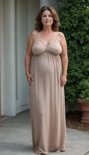 Full body shot, 50 year old woman, thin maxidress, chubby, wide hips, curvy, small floppy breasts, sagging breasts, deflated breasts, tan lines, brown hair, upturned nose, SaggySlimXL, uhang, yhang, <lora:updated_saggy_slim:1>, <lora:clothed_small:.5>