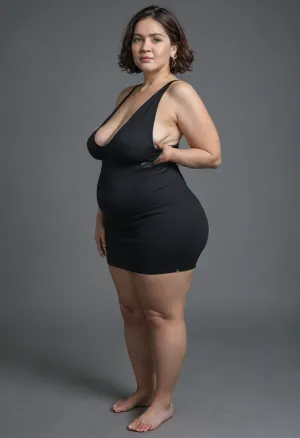 3/4 side view, Full body shot, 50 year old woman, green eyes, black tight thin dress, obese, big butt, chubby, plump, wide hips, curvy, small floppy breasts, sagging breasts, deflated breasts, tan lines, brown hair, upturned nose, SaggySlimXL, <lora:updated_saggy_slim:1>, <lora:clothed_small:.5>