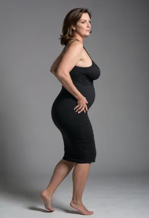 3/4 side view, Full body shot, 50 year old woman, green eyes, black tight thin dress, obese, big butt, chubby, plump, wide hips, curvy, small floppy breasts, sagging breasts, deflated breasts, tan lines, brown hair, upturned nose, SaggySlimXL, <lora:updated_saggy_slim:1>, <lora:clothed_small:.5>