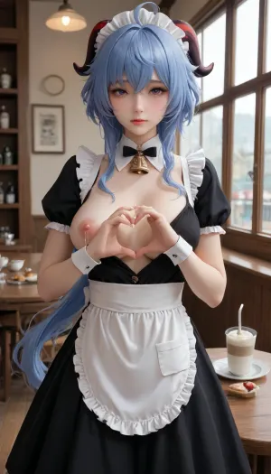 ganyu, (genshin impact), 1girl, 4-finger heart hands, ahoge, alternate costume, apron, averting eyes, bell, black dress, blue hair, blush, breast milk, breasts, cafe, cake, cake slice, closed mouth, coffee, cowboy shot, cum, cum on food, cup, dress, ejaculation, embarrassed, enmaided, erection, food, frilled apron, frills, futanari, handsfree ejaculation, heart, heart hands, heart-shaped boob challenge, horns, indoors, lactation, large breasts, long hair, low tail, maid, maid apron, maid headdress, neck bell, nipples, one breast out, one eye closed, penis, penis out, puffy short sleeves, puffy sleeves, purple eyes, short sleeves, solo, waist apron, white apron, white wrist cuffs, wrist cuffs