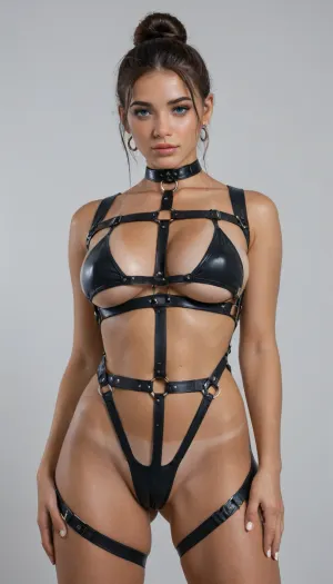 Caucasian woman, beautiful face, tan skin, horny expression, blush, beautiful, perfect face, makeup, (overflowing cameltoe:1.5), (fat pussy), (dinamic pose:1.3), (overflowing vulva), (overflowing pusdy lips), waist, oiled skin, gorgeous, looking at viewer seductively, seductive eyes, model, (harness outfit:1.6), waist shot, tan lines, black long hair, shy, blue eyes, (comically hyper puffy swollen vulva), rounded ass, large rounded breasts, nice pussy, perfect feminine Estonian face, seductive, (hair up in bun)