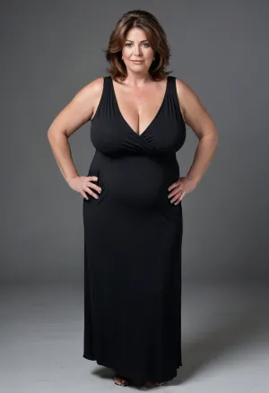 Full body shot, 50 year old woman, layered haircut, green eyes, black thin maxidress, obese, chubby, wide hips, curvy, small floppy breasts, sagging breasts, deflated breasts, tan lines, brown hair, upturned nose, SaggySlimXL, <lora:updated_saggy_slim:1>, <lora:clothed_small:.5>, bottomheavy, big, ass, huge, gigantic, thick, thighs, massive, <lora:bottomheavy_v1_sdxl_tags:.8>