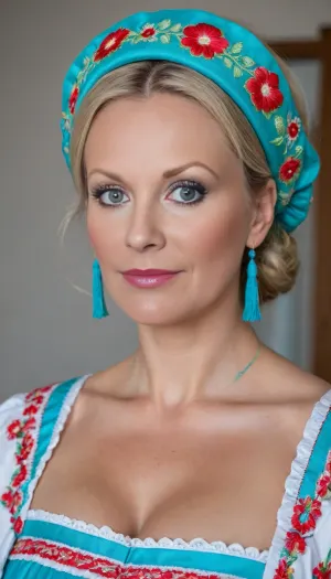 (4K UHD ultra-detailed RAW photo), high detailed, 8k, (photorealistic:1.7), chubby 1women 50 yo, in village, ((standing)), ((milf:1.5)), (((wearing turquoise Ukrainian summer national costume, Embroidery, floral headband))), ((voluminous blonde updo haircut)), 1/2 length view, ((sad:1.5)), (makeup:1.3), (4K, high resolution, best quality), tiedtobed, face, up, down, frontal, at, angle, close, rope, black, white, <lora:add-detail-xl:.5>, <lora:222513_training_data:1>
