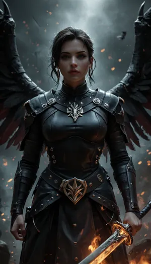She is a striking and formidable presence, a woman forged by battle, bound by pacts, and driven by vengeance. At 40 years old, she carries the air of someone who has stared down both mortal threats and unknowable powers. Her steely grey eyes are sharp and unreadable, set into a face of fair skin weathered by war and lit by quiet intensity. Her black hair is swept back with disciplined care lending a dignified edge to her otherwise grim demeanor.

Her form is clad in dark half-plate armor, functional yet marked with faint, arcane etchings that seem to shift subtly in the light. Slung across her back is a large shield emblazoned with a phoenix, a symbol of burning judgment, resurrection, and undying purpose.

At her hip rests Dragonclaw, a masterfully forged silvered rapier. Its blade gleams with moonlit sharpness, able to pierce both flesh and the unnatural. The hilt is fashioned like a dragon’s talon clenching a garnet that pulses faintly with eldritch energy — a perfect synthesis of elegance, danger, and arcane force.

Once a duelist of the College of Swords, she fought with style, precision, and a flair that masked deeper wounds. But performance gave way to desperation when she sought out forbidden power — and found her.

Her warlock patron is a dark, mysterious lady known only in shadows and fragments. She speaks in riddles, in lullabies turned unsettling, her voice like silk over razors. Her presence is cloaked in moonless night, veiled in illusions and dreams. She never shows her true face — only silhouettes, shifting masks, or reflections in still water. Whether out of mercy, pride, or a deeper game, she does not know. But her unseen eyes are always on her. Her gifts are potent — fire that does not burn, whispers that carry through silence, and truths that twist like blades.

Years later, when betrayal seared what remained of her idealism, she took the Oath of Vengeance. She no longer believes in mercy for the wicked, only the pursuit of justice, unflinching and absolute. Now, every strike of her blade carries not just skill, but wrath, hers, the divine’s, and perhaps her patrons.

She is not a hero, nor a villain. She is a reckoning. A blade guided by shadowed hands, a woman driven by purpose and haunted by beauty she will never see unveiled. Where she walks, silver flashes, fire flickers, and justice, one way or another, is done.

realistic detailed face, realistic detailed hair, realistic detailed body, realistic detailed skin, random view angle, random pose, detailxl, hkstyle, <lora:dark:1>, <lora:add-detail-xl:1.5>, <lora:style_lora_realis:.5>, <lora:hkstyleV5:.8>