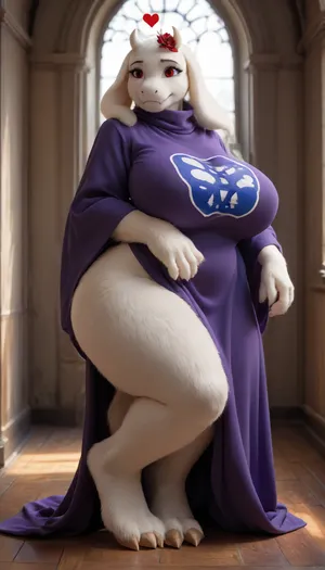 masterpiece, best quality, high resolution, hires, score_9, score_8_up, score_7_up, score_6_up, (((Toriel from Undertale:1.4))), (((anthro, furry, white fur, body fur, white skin))), (((1girl))), tall anthropomorphic goat-woman, ((hooves instead of feet)), long floppy ears, small curved horns, soft smiling face, ((red cheeks:1.1)), (((hearts flying around woman's head:1.5))), ((flower on her head:1.2)), gentle red eyes, wearing a long flowing purple robe with the words "Your Mommy" written in white, wide long sleeves, motherly and shy expression, (((massive milky soft breasts:1.2))), (((saggy boobs:1.2))), (((wide curvy hips:1.2))), soft full figure, (((thick thighs:1.2))), hourglass shape, matronly and nurturing body, long gentle arms, standing pose, warm and inviting aura, warm colors, fantasy style, full body, cozy room on background, high detail, cel-shaded, soft lighting, game character design, anime-inspired proportions, smooth clean linework, detailed fur, fursuit, <lora:FursuitXL:1.3>, <lora:SDXLHighDetail_v6-000005:1.5>