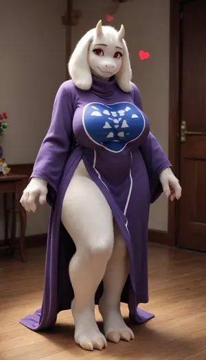 masterpiece, best quality, high resolution, hires, score_9, score_8_up, score_7_up, score_6_up, (((Toriel from Undertale:1.4))), (((anthro, furry, white fur, body fur, white skin))), (((1girl))), tall anthropomorphic goat-woman, ((hooves instead of feet)), long floppy ears, small curved horns, soft smiling face, ((red cheeks:1.1)), (((hearts flying around woman's head:1.5))), ((flower on her head:1.2)), gentle red eyes, wearing a long flowing purple robe with the words "Your Mommy" written in white, wide long sleeves, motherly and shy expression, (((massive milky soft breasts:1.2))), (((saggy boobs:1.2))), (((wide curvy hips:1.2))), soft full figure, (((thick thighs:1.2))), hourglass shape, matronly and nurturing body, long gentle arms, standing pose, warm and inviting aura, warm colors, fantasy style, full body, cozy room on background, high detail, cel-shaded, soft lighting, game character design, anime-inspired proportions, smooth clean linework, detailed fur, fursuit, <lora:FursuitXL:1.3>, <lora:SDXLHighDetail_v6-000005:1.5>