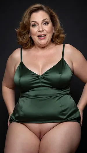 chestnut hair, Obese, gilf, (Close-up), portrait photo a mature chubby gilf, fat round face, double chin, 60 years old Woman, big eyes, green eyes, layered haircut, chubby jawline, pokies, seductive smile, lips parted, (mouth open:1.3), teeth showing, big lips, looking at viewer, (solid blank dark background:1.3), eye level shoot, film grain, style by Flora Borsi, OverallDetail, satin sleeveless spaghetti strap minidress, fupa, cameltoe, wide, hips, saggy, sagging, droopy, eye contact, cellulite