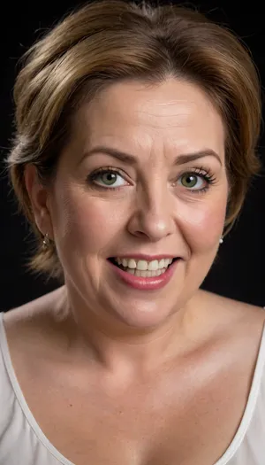 chestnut hair, ponytail, Obese, (gilf), wrinkles, portrait photo a mature chubby gilf, fat round face, double chin, 50 years old Woman, big eyes, green eyes, layered haircut, chubby jawline, pokies, seductive smile, lips parted, (mouth open:1.3), teeth showing, big lips, looking at viewer, (solid blank dark background:1.3), eye level shoot, film grain, style by Flora Borsi, OverallDetail, white satin sleeveless spaghetti strap minidress, fupa, wide, hips, saggy, sagging, droopy, cleavage, eye contact, cellulite