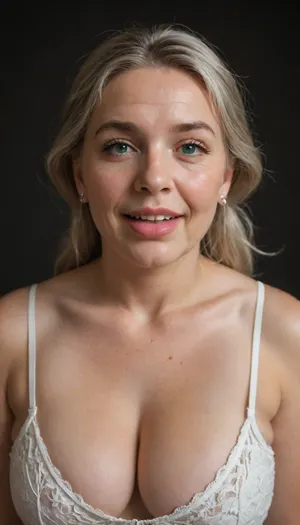 chestnut hair, ponytail, Obese, (gilf), wrinkles, portrait photo a mature chubby gilf, fat round face, double chin, 50 years old Woman, big eyes, green eyes, layered haircut, chubby jawline, pokies, seductive smile, lips parted, (mouth open:1.3), teeth showing, big lips, looking at viewer, (solid blank dark background:1.3), eye level shoot, film grain, style by Flora Borsi, OverallDetail, white satin sleeveless spaghetti strap minidress, fupa, wide, hips, saggy, sagging, droopy, cleavage, eye contact, cellulite