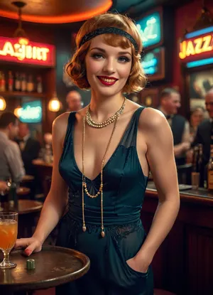 vibrant Flapper Dress, ginger bobbed hairstyle, cloche hat, silk tights, long beaded necklaces, sexy smile, laughing, flirtatious attitude, perfect teeth, she is working in a nightclub as a hostess, (she is holding a serving tray filled with cocktails), she is busy serving packed tables while a crowd watches an enthusiastic jazz band perform, the bar is filled with high energy excitement, Masterwork, masterpiece, award winning photo, photojournalism, cinematic lighting, quality face, detailed face, drama, dynamic pose, highly detailed, best quality, perfect rendering, score_9, score_8_up, score_7_up, detailed texture, sharp focus, brilliant contrast, detailed skin texture, highly detailed body, high resolution, maximum detail, 1930s, (style), 30s, hair, Vintage, retro, Archive, photo, jazz, b4r, <lora:Vintage style - XL 1930s SDXL v1.0:1.1>, <lora:jazz_b4r:1>, <lora:style_lora_realis:1.1>, <lora:Vivid Midjourney mimic - XL SDXL v2.0:.8>